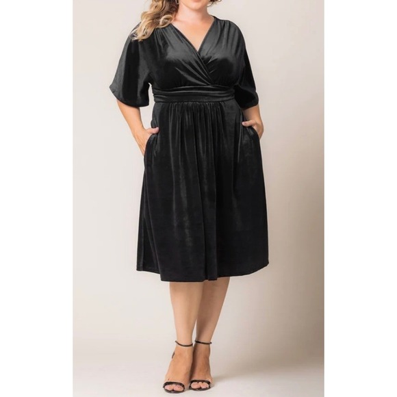 Kiyonna Dresses & Skirts - Kiyonna Black Velvet Surplice V-Neck Empire Waist Dress Plus Size 5X Pockets NEW